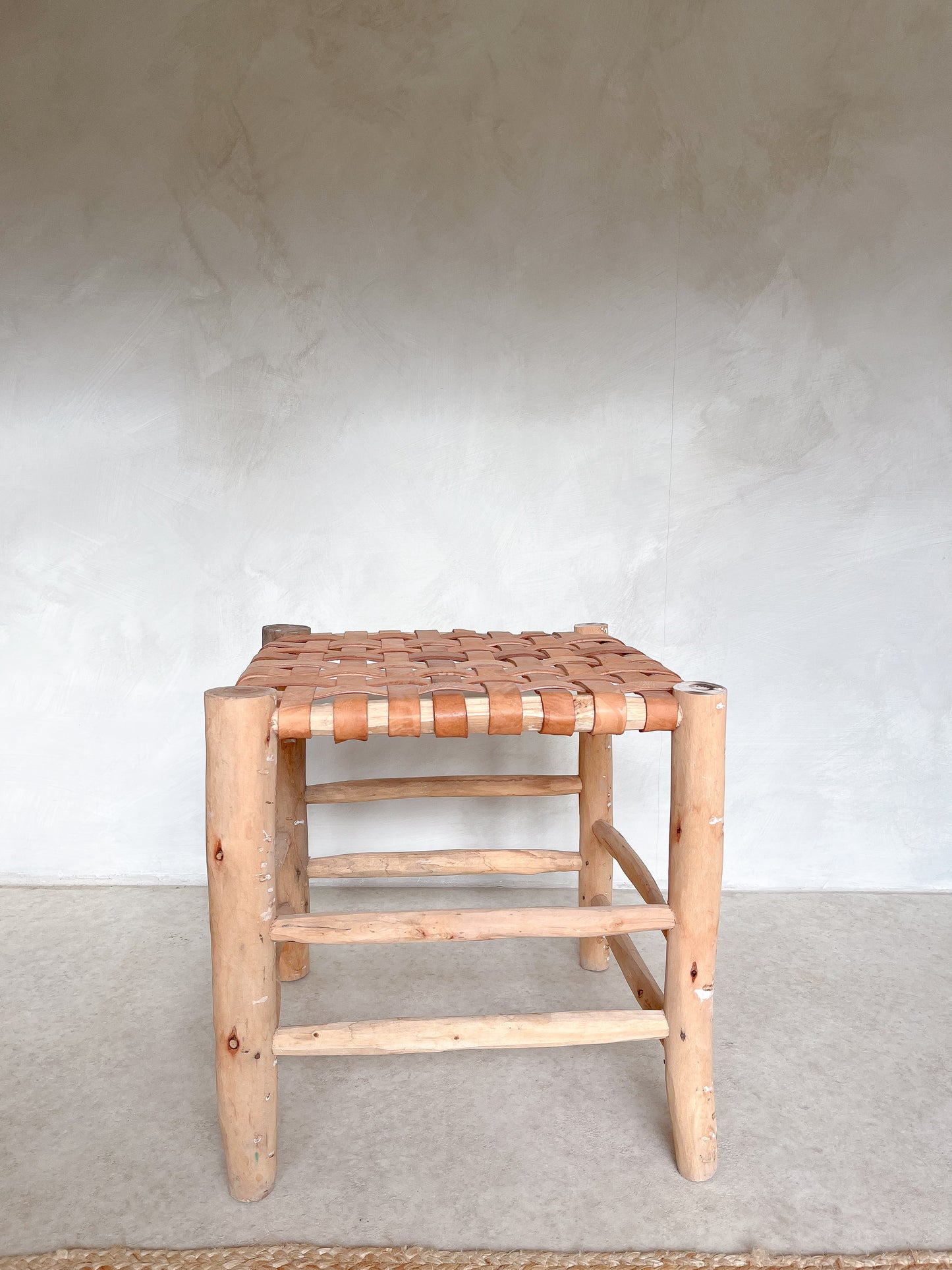 Wood and tan leather stool