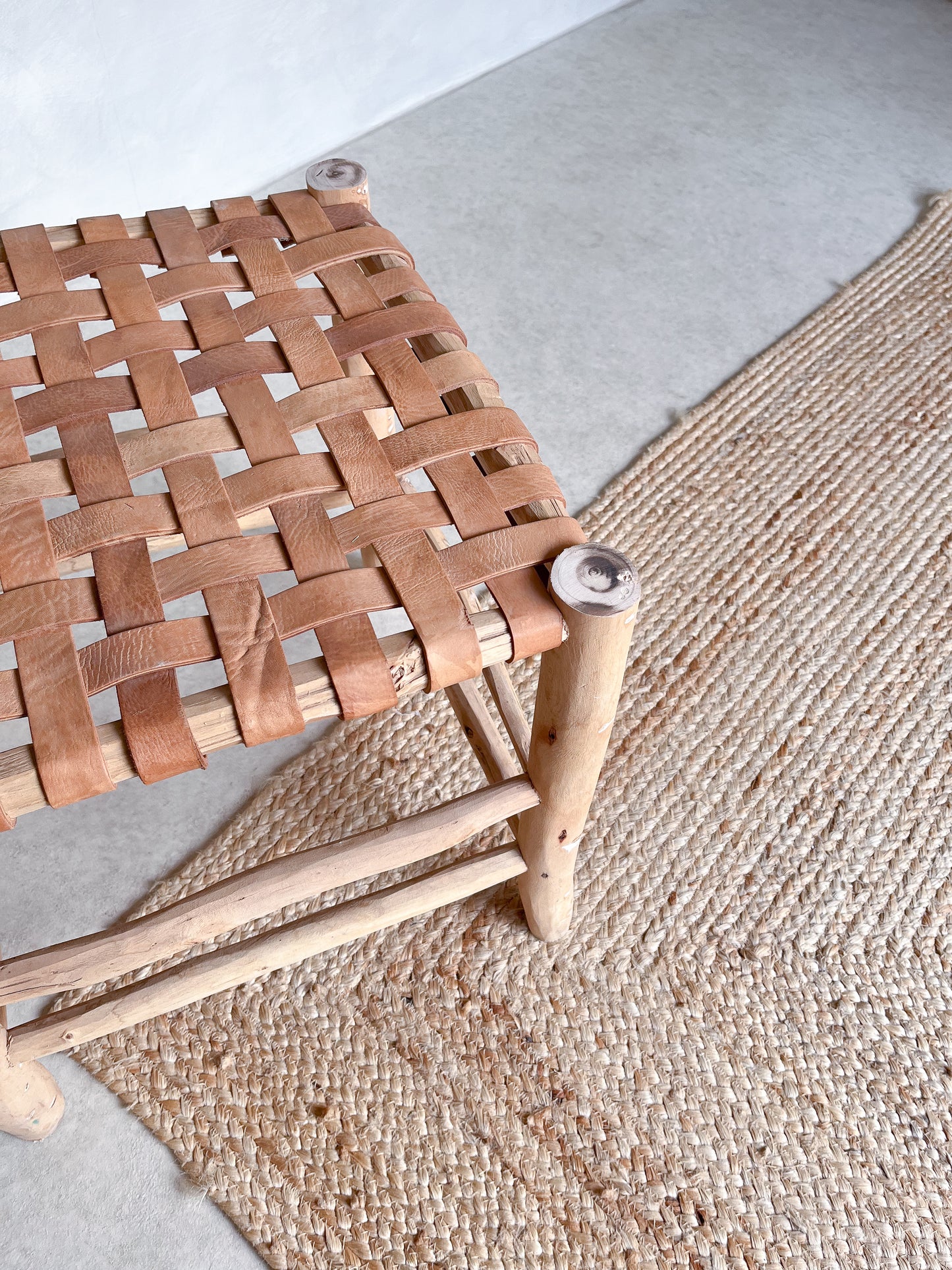 Wood and tan leather stool